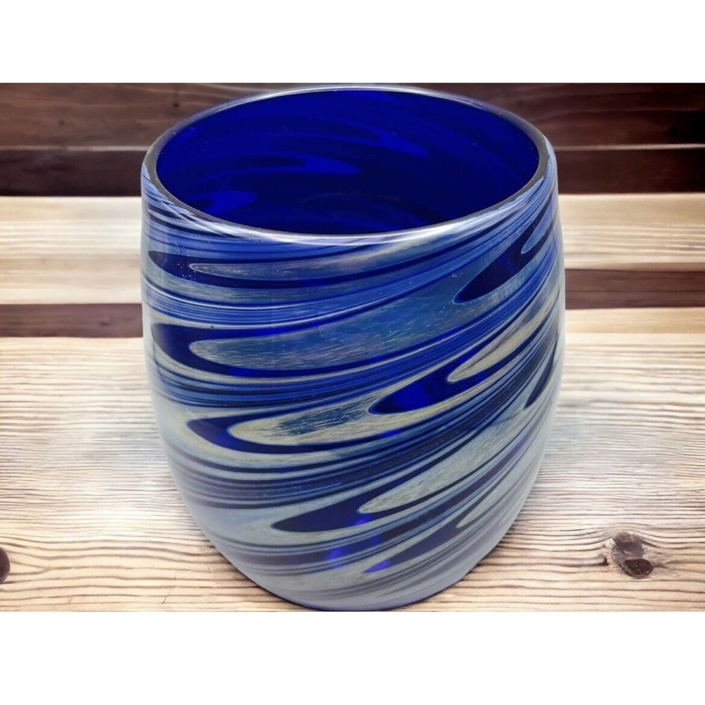1992 Frederick Warren Art Cobalt Blue Glass Vase w/ Swirls of Blue & Silver